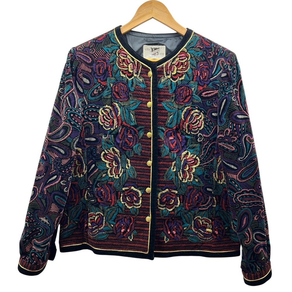 Saxton Hall Tapestry Jacket Women 18 Floral Embroidered Cotton Japan Vintage 80s